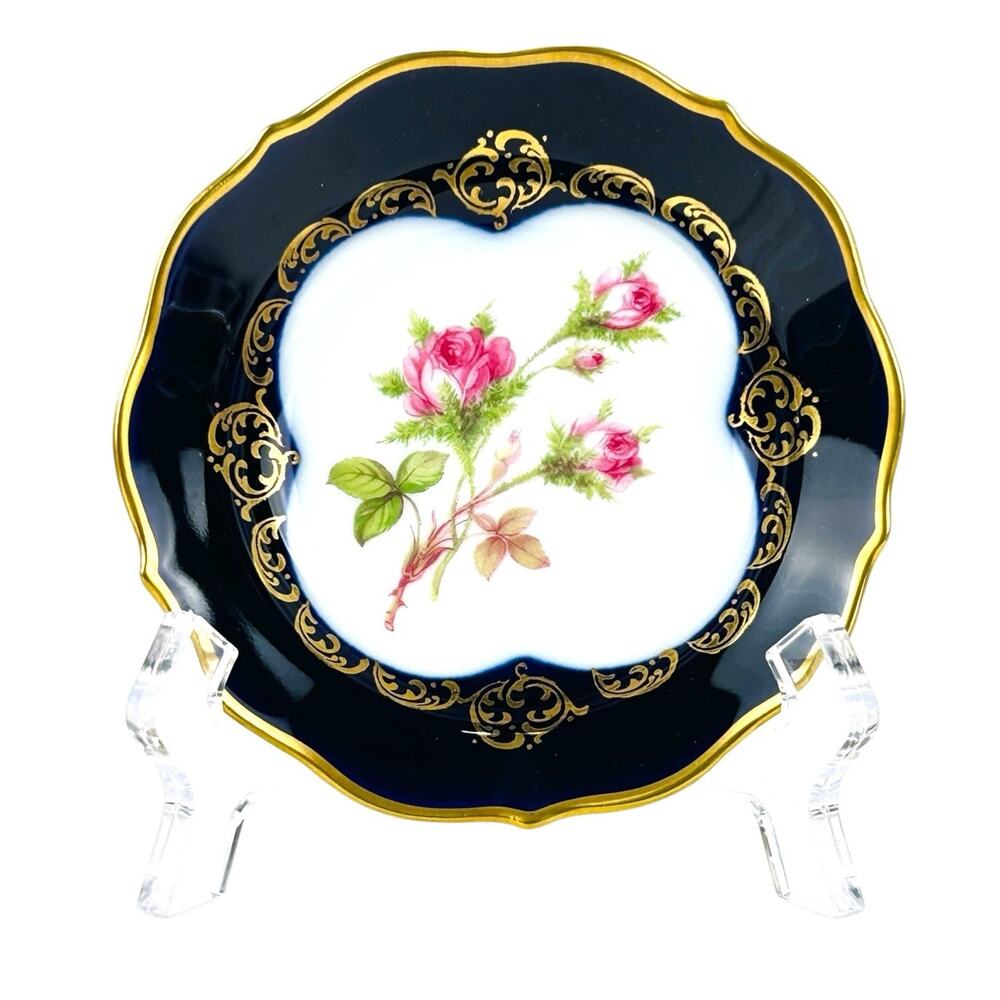 Vintage Lindner Bavaria Demitasse Cup Saucer Cobalt Gold Moss Rose Read - Picture 4 of 11
